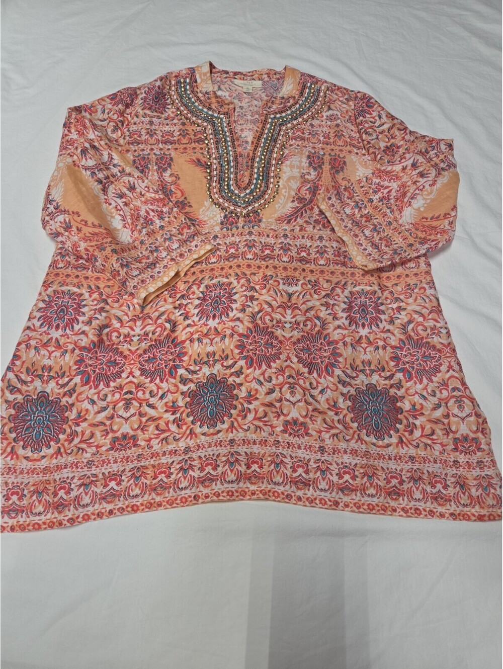 Charter Club Luxury 100% Linen Peach Orange Blouse Tunic Embellished Boho Sz XL
